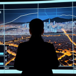 **Prompt:** A Turkish citizen, possibly in Ankara, stands confidently before a transparent, glowing holographic display showing detailed budget allocations and public spending on an interactive map of a city. The visuals are vibrant bar charts and clear urban planning insights, symbolizing accountability and governmental transparency. Emphasize a sense of clarity and empowerment for the individual.